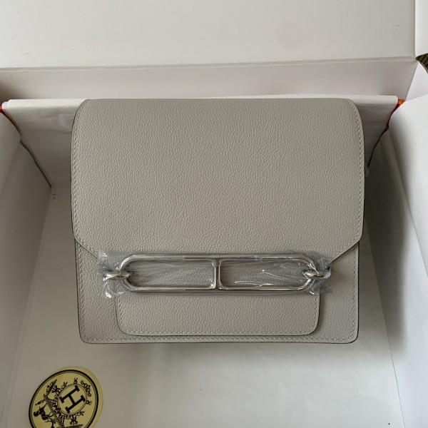 「#4036」Hermes Pig Nose Bag Pearl Grey Silver Buckle Roulis 19cm