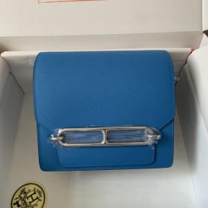「#4037」Hermes Pig Nose Bag Blue Silver Buckle Roulis 19cm