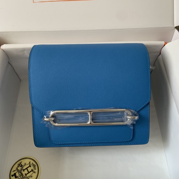 「#4037」Hermes Pig Nose Bag Blue Silver Buckle Roulis 19cm