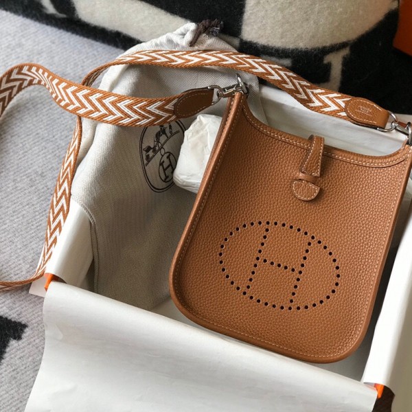「#4285」 Hermes Golden Brown Silver Buckle Mini Eveylen 17cm