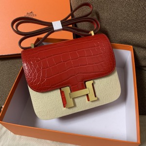 「#4299」 Hermès Constance Red Crocodile Pattern Gold Buckle Bag 19cm