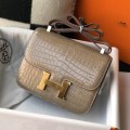 「#4300」Hermès Brown Crocodile Pattern Constance Gold Buckle Bag 19cm