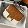 「#4301」 Hermès Golden Brown Crocodile Pattern Constance Gold Buckle Bag 19cm