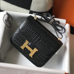 「#4302」 Hermès Constance Black Crocodile Pattern Gold Buckle Bag 19cm