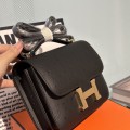 「#4314」 Hermès Black Ostrich Grain Leather Constance Gold Buckle Stewardess Bag 19cm