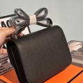 「#4314」 Hermès Black Ostrich Grain Leather Constance Gold Buckle Stewardess Bag 19cm