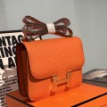 「#4316」 Hermès Orange Ostrich Grain Leather Constance Gold Buckle Stewardess Bag 19cm