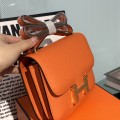 「#4316」 Hermès Orange Ostrich Grain Leather Constance Gold Buckle Stewardess Bag 19cm