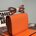 「#4316」 Hermès Orange Ostrich Grain Leather Constance Gold Buckle Stewardess Bag 19cm