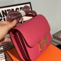 「#4317」 Hermès Rose Red Ostrich Grain Leather Constance Gold Buckle Stewardess Bag 19cm