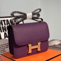 「#4318」 Hermès Purple Ostrich Grain Leather Constance Gold Buckle Stewardess Bag 19cm
