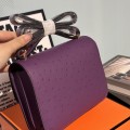 「#4318」 Hermès Purple Ostrich Grain Leather Constance Gold Buckle Stewardess Bag 19cm