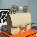 「#4320」 Hermès White Ostrich Leather Constance Gold Buckle Stewardess Bag 19cm