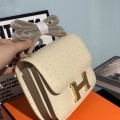 「#4320」 Hermès White Ostrich Leather Constance Gold Buckle Stewardess Bag 19cm
