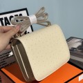 「#4320」 Hermès White Ostrich Leather Constance Gold Buckle Stewardess Bag 19cm