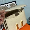 「#4320」 Hermès White Ostrich Leather Constance Gold Buckle Stewardess Bag 19cm