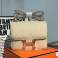 「#4320」 Hermès White Ostrich Leather Constance Gold Buckle Stewardess Bag 19cm