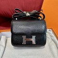 「#4321」 Hermès Black Lizard Grain Leather Constance Silver Buckle Stewardess Bag 19cm
